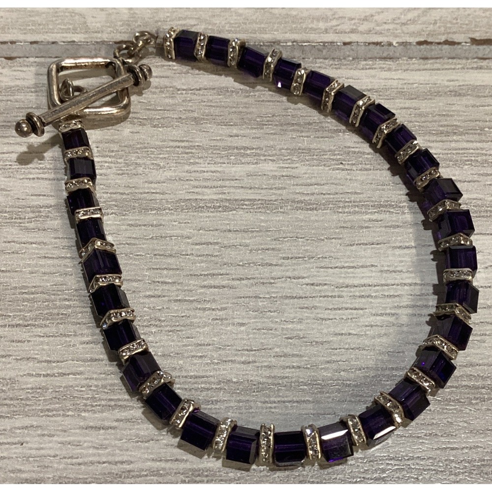 Silvertone 8.5" Bracelet w/ Purple Beads & Faux‎ Diamonds Textured
